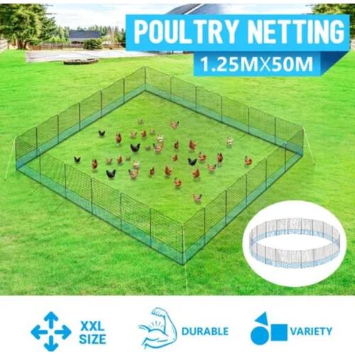50m x 1.25m Chicken Fence Netting Poultry Net Ducks Geese Hens with 25 Posts