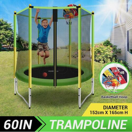 Genki 60 Inch Kids Round Trampoline with Safety Enclosure & Basketball Hoop Jump