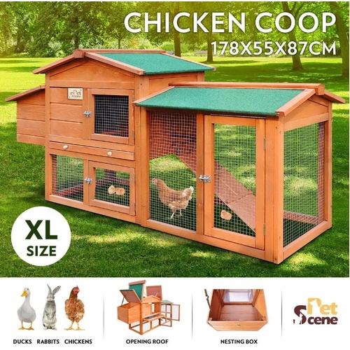 178cm XL Wooden Chicken Coop House 2-Storey Run Rabbit Hutch Cage Nesting Box