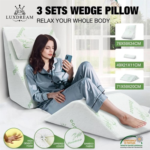 3PCS Wedge Pillow Set Headrest Leg Raiser Elevation Memory Foam Support Cushion