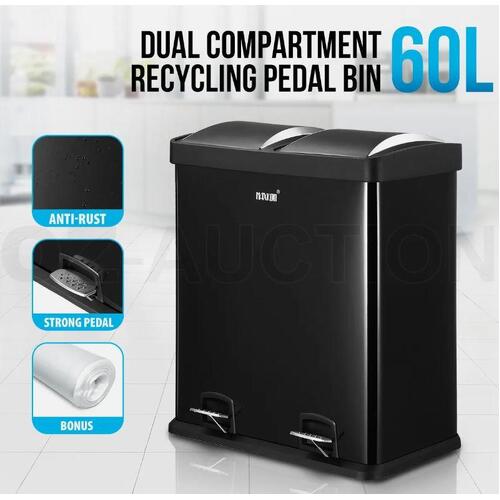Maxkon 60L Pedal Rubbish Bin Dual Compartment Waste Can Recycle Dustbin Black