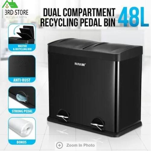 Black Rubbish Bin Kitchen Pedal Recycle Dustbin Trash Waste Can 48L Dual Pedal