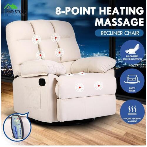 Massage Recliner Chair 8-Point Rocking & 360 Swivel Armchair Heated Seat Beige