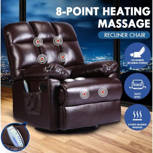 PU Leather Recliner Massage Chair 360 Swivel Rocking 8-Point Heating Seat Brown