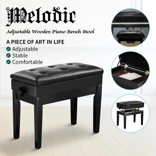 Melodic Adjustable Piano Bench Stool Wood Keyboard with Built-in Storage Black