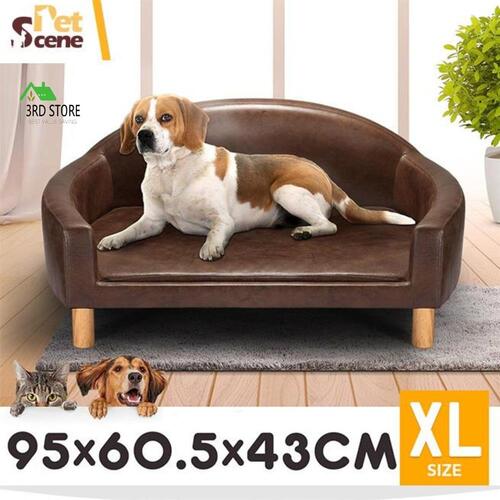 Petscene PU Leather Pet Bed Elevated Dog Cat Bed Couch Sofa Soft Bed Brown