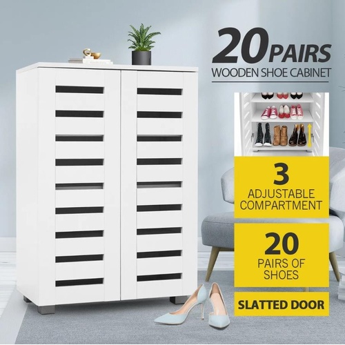 Shoe Storage Cabinet Wooden 2 Doors 20 Pairs for Home Entryway Closet White