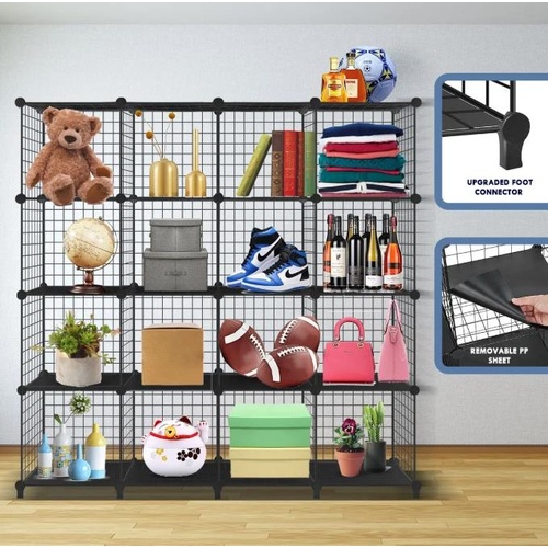 16 Cube DIY Storage Cabinet Metal Wire Mesh Shelf Organiser Bookcase Rack Black