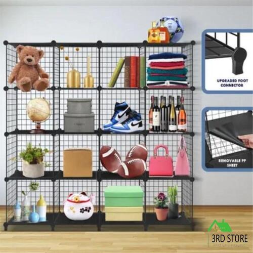 16 Cube DIY Storage Cabinet Metal Wire Mesh Shelf Organiser Bookcase Rack Black