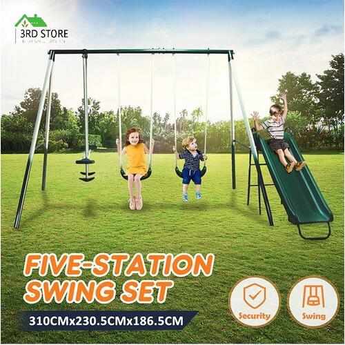 RETURNs Heavy Duty Steel Outdoor Swing Set with 2 Swing Seats, 1 Glider and 1 Slide