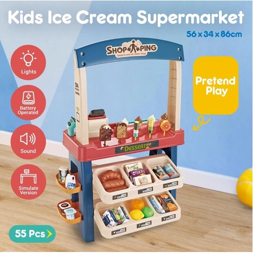 55 Piece Kids Pretend Role-Play Supermarket Playset Grocery Shop Ice Cream Toys