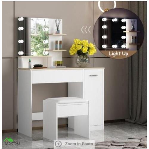 Dressing Table Dresser Makeup Vanity Table Stool Set with Mirror&LED Light White