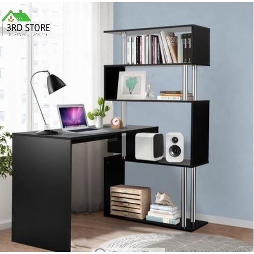 100cm Computer Desk Home Office Desk Study Table with 4 Tier Bookshelf Black