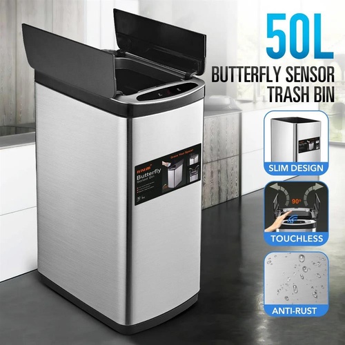 50L Motion Sensor Rubbish Bin Automatic Stainless Steel Waste Trash Can Kitchen