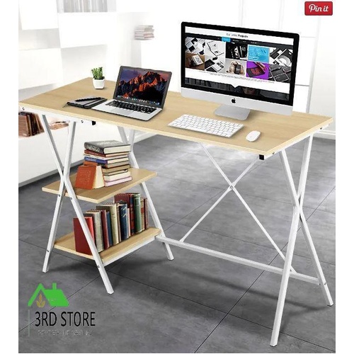 White Computer Desk Home Office Desk Gaming Workstation with X Legs and Shelves