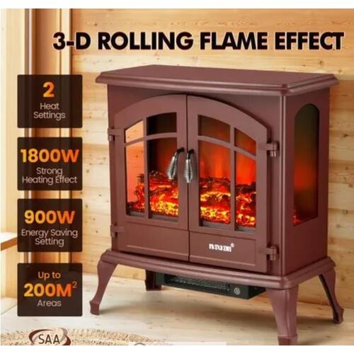 Maxkon Freestanding Electric Fireplace Stove Realistic LED Flame Effect 1800W Rd