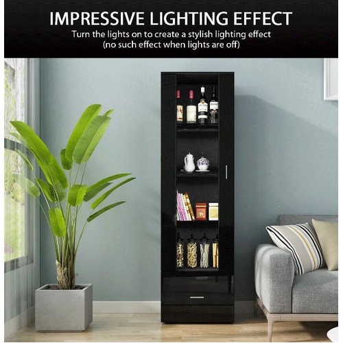 190CM Tall Side Cabinet Tallboy with Thick Glass Shelves Gloss 1 Drawer Black