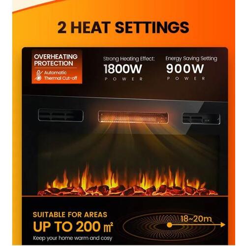 Maxkon 100cm Electric Fireplace Heater Wall Recessed Mounted 900/1800W 5 Flame