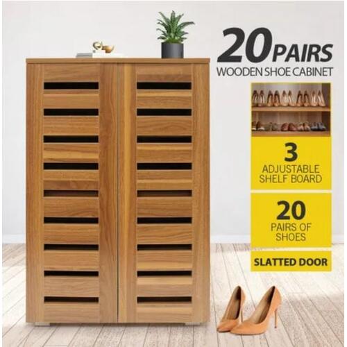 Shoe Storage Cabinet Wooden 2 Doors 20 Pairs for Home Entryway Closet Oak