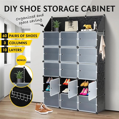 60 Pairs Shoe Cabinet Cube Box Storage Organiser Stackable DIY Shelf Stand Black