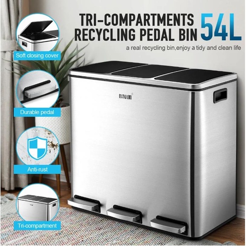 Maxkon 54L Pedal Rubbish Bin Kitchen Stainless Steel Recycling Waste Trash Can