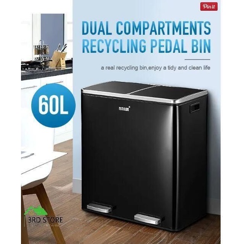 60L Pedal Rubbish Bin Dual Compartment Kitchen Waste Garbage Trash Can Dustbin