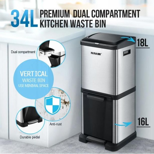 Maxkon 34L Dual Compartment Rubbish Bin Pedal Waste Garbage Trash Can Dustbin