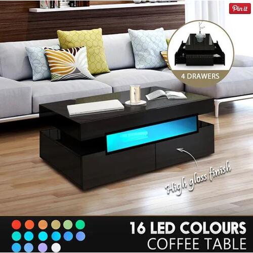 Modern LED Lights Coffee Table Storage Shelf 4 Drawers High Gloss Wooden Black