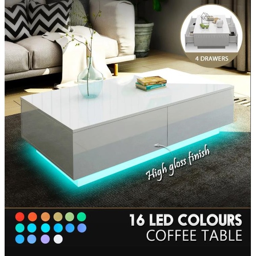 Modern LED Coffee Table Storage High Gloss Living Room Furniture 4 Drawers White