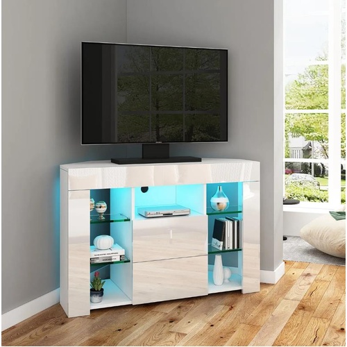 Corner TV Unit Stand Cabinet LED Lighted High Gloss 2 Drawers Furniture White