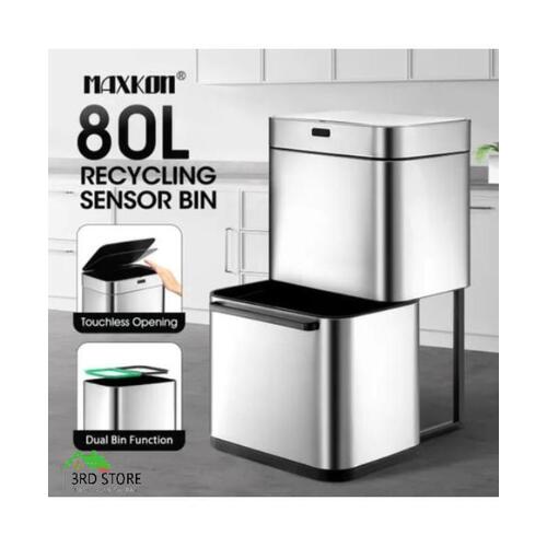 RETURNs 80L Dual Rubbish Bin Sensor Recycling Kitchen Waste Trash Garbage Can Silver