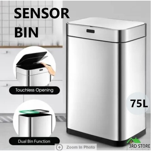 75L Motion Sensor Rubbish Bin Dual Kitchen Waste Can Stainless Steel Recycle Bin