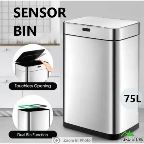 RETURNs 75L Motion Sensor Rubbish Bin Dual Kitchen Waste Can Stainless Steel Recycle Bin
