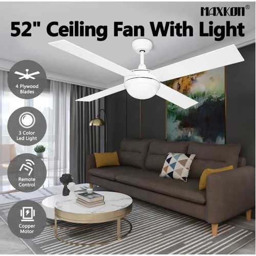52 Inch Modern Ceiling Fan with LED Light Remote Control 4 Blades 3 Speed Timer