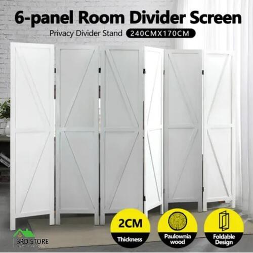 6 Panel Room Divider Folding Screen Separator Privacy Stand Paulownia Wood White