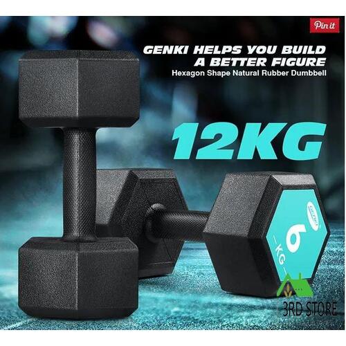 2 x Genki Hex Dumbbell Barbell Set 6kg Rubber Encased Fitness Home Gym with Chro