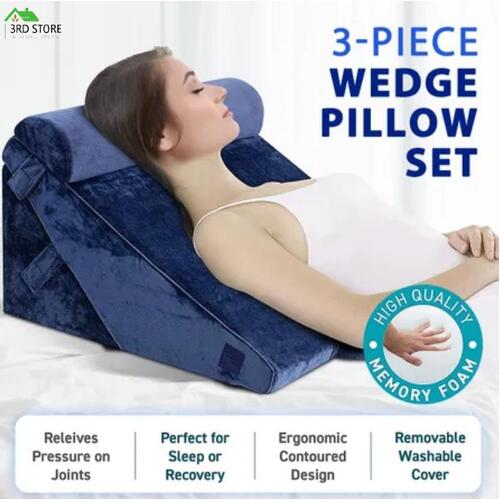 3PCS Wedge Pillow Set Bed Sleep Neck Cushion Support Leg Raiser Memory Foam Blue
