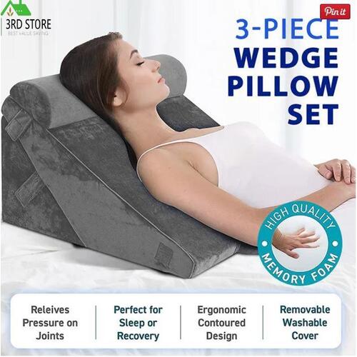 3PCS Wedge Pillow Set Bed Sleep Neck Cushion Support Leg Raiser Memory Foam Grey