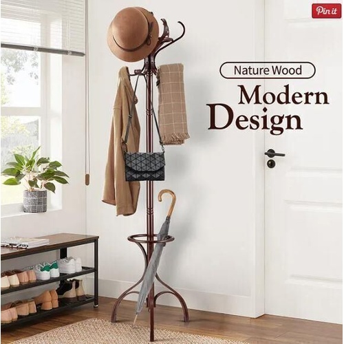 Freestanding Coat Rack 12 Hooks Wood Hall Tree Hanger for Clothes, Hat, Jacket