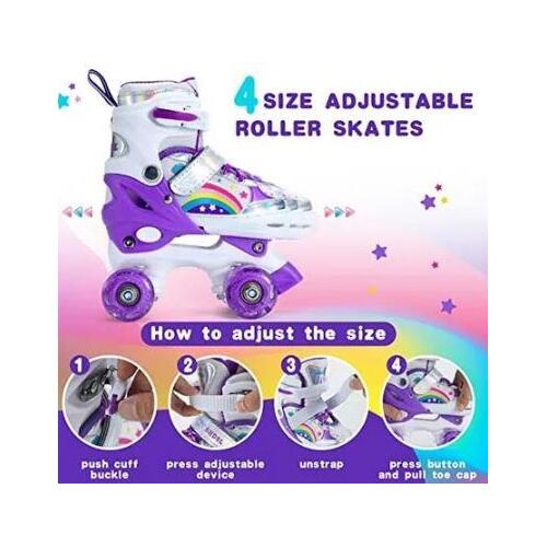 Kids Roller Skates Adjustable 4 Sizes 4 Light Up Wheels For Size26-33 Col.Purple