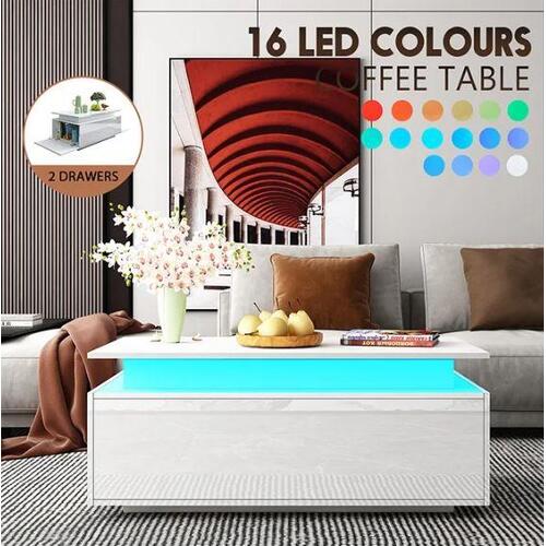 Modern Coffee Table Rectangle High Gloss with 2 Drawers 16 LED Colours White