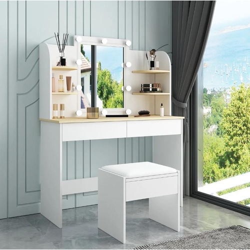 Dressing Table Stool Set Makeup Mirror Storage 2 Drawers 10 LED Bulbs White