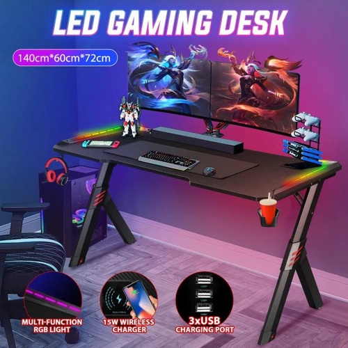 RETURNs 140CM Gaming Desk Computer Office Racer Table RGB LED Carbon Fiber USB Wireless