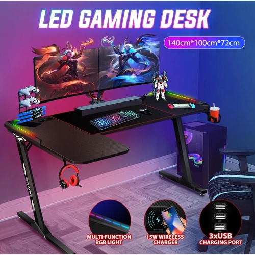 140CM Gaming Desk Computer Racer Table RGB LED Carbon Fiber USB Wireless Charger