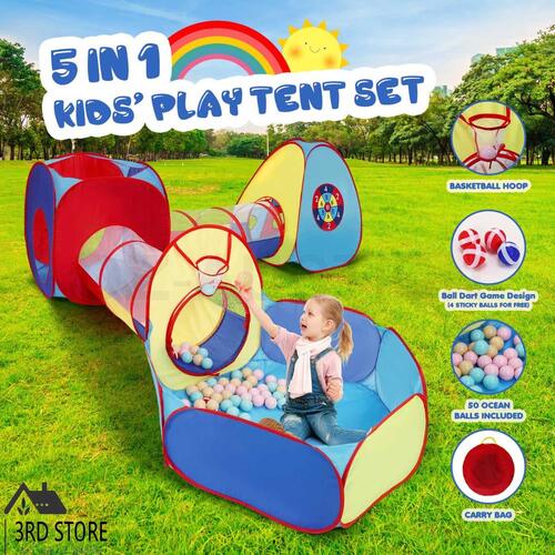Kids Teepee Tent Pop Up 5 In 1 Playhouse Crawl Tunnel Ball Pit Basketball Hoop