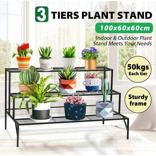 Plant Stand 3 Tiers Metal Shelf Flower Pots Holder Home Garden Display Black