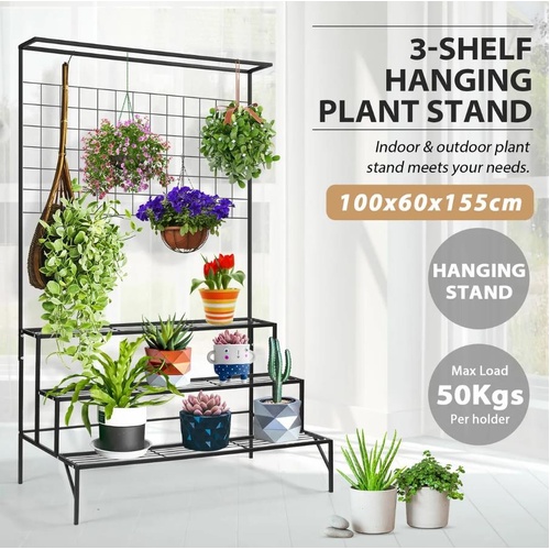 3 Tiers Plant Stand Metal Hanging Pots Flower Shelf Outdoor Indoor Holder Black