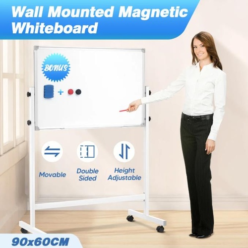 Double Sided Magnetic Whiteboard Mobile Home Office Dry Erase Board 90x60cm