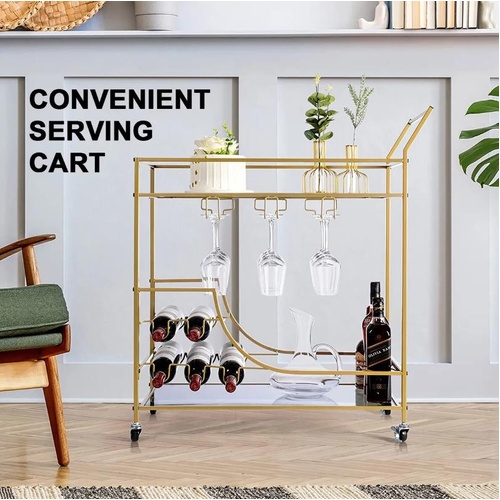 Gold Bar Cart Drinks Trolley Wine Coffee Tea Kitchen Serving Rack Wine Hooks