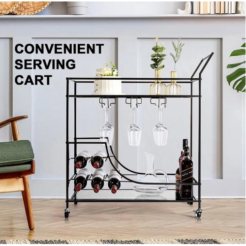 Black Bar Cart Drinks Trolley Coffee Tea Wine Kitchen Serving Rack Wine Holders
